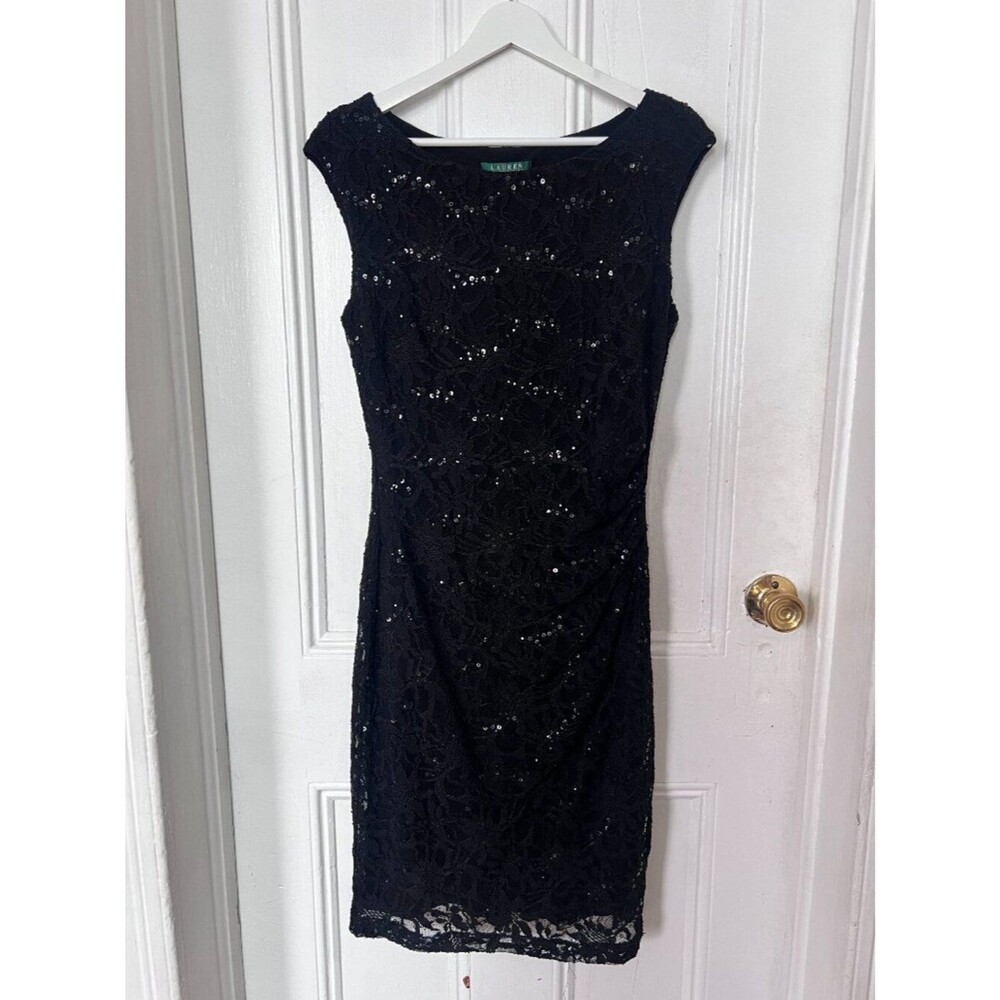 Lauren Ralph Lauren Black Silhouette Sequin Lace Cocktail Sheath Ruched Dress 10